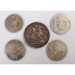 British coins, to include Victoria 1890 Crown, 1846 Half Crown, 1900 Florin, William IV and George
