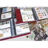 Coins and First Day Covers, to include mixed coins to include six pence's, pennies, three pence,