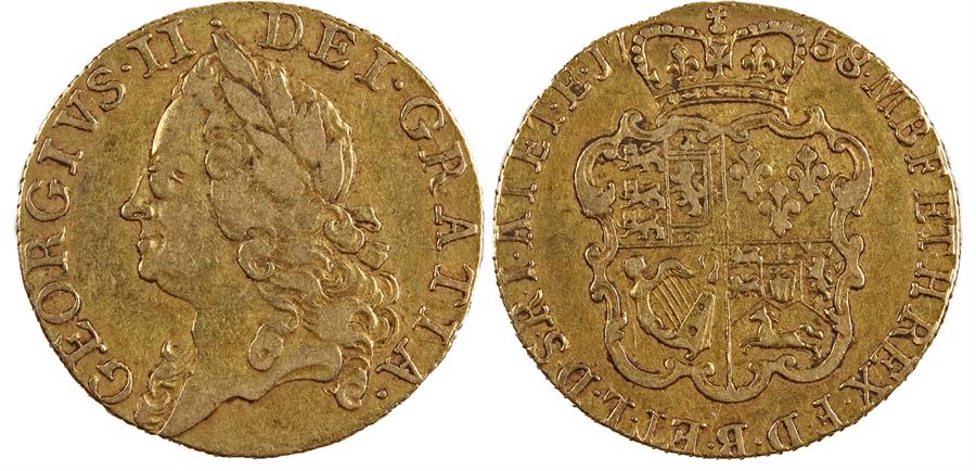 George II Guinea, 1758, Old Head, Crowned shield of Arms reverse, (S.3680)