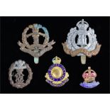 Cap badges, to include Suffolk Regiment, Middlesex Regiment and three further badges, (5)