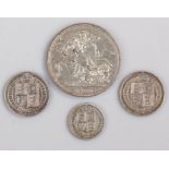 Victoria Crown, 1900, together with two Shillings 1887 and a Sixpence 1887, (4)