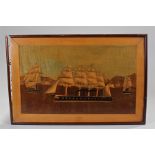 19th Century marquetry picture of a ship, titled "Minotaur" the ship with two funnels and four