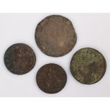 Elizabeth I Shilling, together with an Irish 1680 Half Penny, a 1746 Farthing and a 1721 Half Penny,