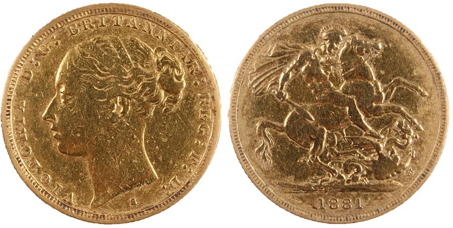 Victoria Sovereign, 1881, young head, St George and the Dragon to the reverse