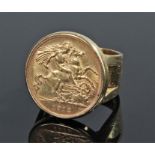 George V half Sovereign, 1912, St George and the Dragon, set within an 18 carat gold ring mount,