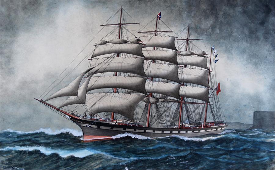 J.W. Holmes, water colour of the Ship Gowanbank, titled to the mount"The Gowanbank 3500 Tons, J