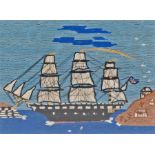 Woolwork picture, of a ship at sea near an island and fort, housed within a mahogany frame, 45cm x