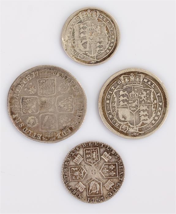 George III Sixpence, 1787, together with a George II Shilling and two George III coins, (4)