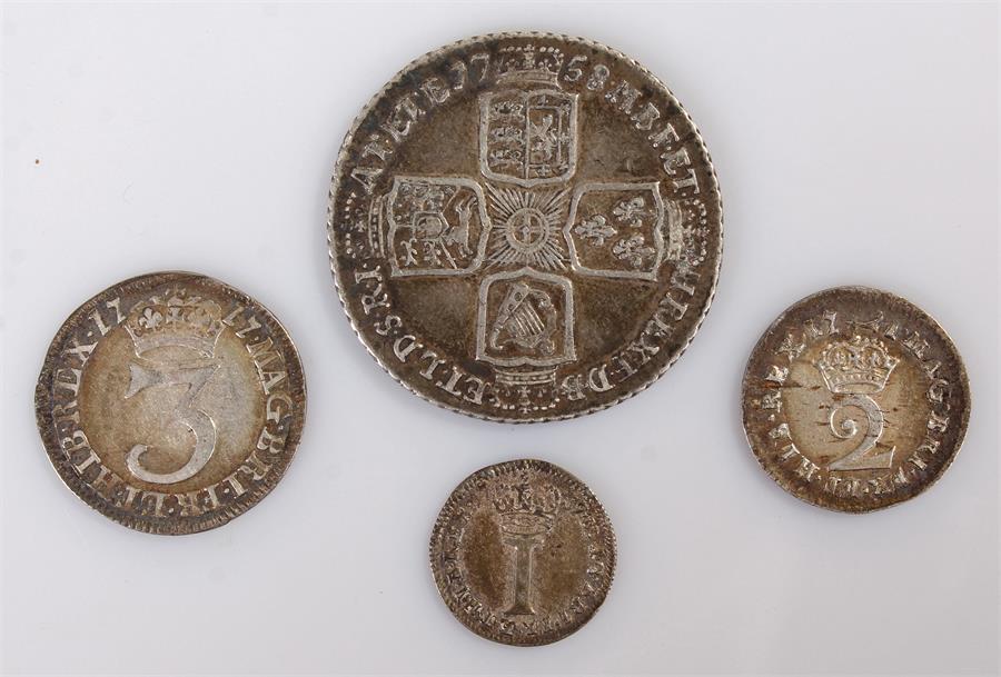 George II Shilling, 1758, George I Maundy Two and Three Pence and a George II One Pence Maundy, (4)