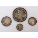 George II Shilling, 1758, George I Maundy Two and Three Pence and a George II One Pence Maundy, (4)