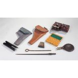 Mixed militaria, to include two holsters, a set of Swiss 7.2mm training rounds, leather flask, Swiss