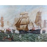 P H Cowlet, 19th Century naïve maritime painting, the battle of Trafalgar, with ships firing and