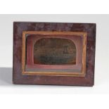 George III ship picture, the picture housed within a glazed case with text to the base, 17cm wide