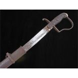 18th Century English sabre, with stirrup hilt to the steel blade with scabbard, blade 83cm long