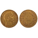 Napoleon III gold 20 Francs, 1854, Emperor Napoleon III obverse, A mint letter for Paris