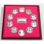 Cased set of silver medallions, having images of the Sovereigns of Europe to each, central title