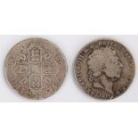 Charles II Crown, date rubbed, together with a George III Crown, (2)