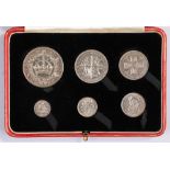 George V proof year set, 1927, Crown to Three pence, housed within red leather case