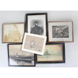 Selection of pictures to include seascape drawing, print of shipwreck, two photographs of ships,