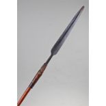 19th Century African spear, possible Zande tribe, the bamboo shaft with leather collar and steel
