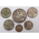 Victoria Crown, 1889 together with a shilling, three Florins 1913, 1921, 1922 and a Victoria Four