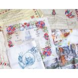 Wartime silks, to include two song sheets, a cloth map, a Boer War silk, Guards memorial tissue