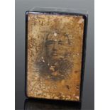 Boer War interest, a papier mache snuff box with the printed portrait of President Kruger, 9cm long