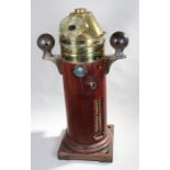 Early 20th Century teak and brass ships binnacle, fitted with gimbal compass and complete with