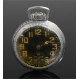 Waltham military pocket watch, with a black dial, luminous Arabic hours, subsidiary seconds dial,