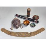 Collection of tribal items, to include an African mask, a basket with glass beads, a lacquer bowl, a