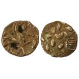 Rare Britain Whaddon Chase type gold Quarter Stater, 45-20 BC. Laureate wreath, reverse Spirited