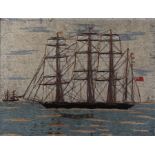 Fine 19th Century woolwork picture, "Bank of the Fal" the four masted ship with flags flying, a