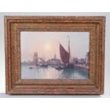 Louis Etienne Timmermans (1846-1910) Port by a city, signed oil on canvas, 32cm x 22cm