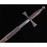 Masonic cruciform sword, with cross form hilt and grip, steel blade and leather scabbard, 81cm long