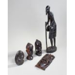 Tribal Objects, to include two carved busts, a mask, a hardstone carved figure and standing