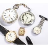 Open face pocket watch, with a white enamel dial, together with a collection of watches, (5)