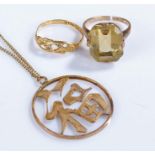 14 carat gold pendant, with Chinese script, together with an 18 carat gold ring and a 9 carat gold
