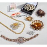 Mixed lot of jewellery comprising three necklaces, five brooches and one bracelet.