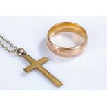 Yellow Metal wedding band, 5.8 grams, together with a yellow metal cross and chain