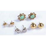 18 carat gold pair, a pair of 9 carat gold stone set earrings, together with two more pairs, (4)