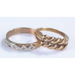 Two 9 carat gold rings, the first with rope twist design, the second with swirl front, total