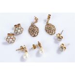Four pairs of earrings, to include an opal flower head 9 carat gold pair, an 18 carat gold diamond