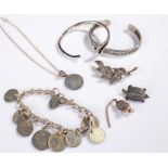 Silver jewellery, to include marcasite set mouse, turtle, disc and flower, together with two bangles