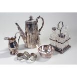 silver plated wares, to include a coffee pot, a bowl napkin rings, cruet set a jug and a spoon, (