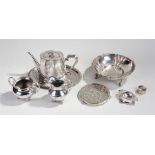 Silver Plated Wares to include , oval tray, trivet raised on three circular feet, tea pot, two