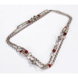 Silver and bead necklace, the chain and tube links with red bead ends, 94cm long