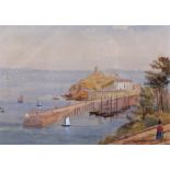 19th Century watercolour of Tenby Harbour, the harbour with ships docked and buildings beyond,