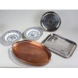 Silver plated tray, together with another and a copper tray, also included two bowls, (5)