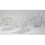 Cut glass, to include two bowls, a vase, two jugs and a lidded pot, (6)