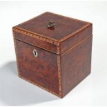 George III burr yew and chequer banded tea caddy, the hinged top with swing handle, chequer